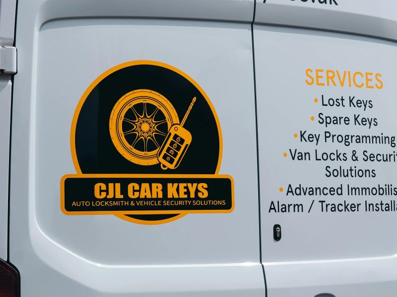 Rear panel of the CJL van listing lost keys, spare keys, key programming and van security